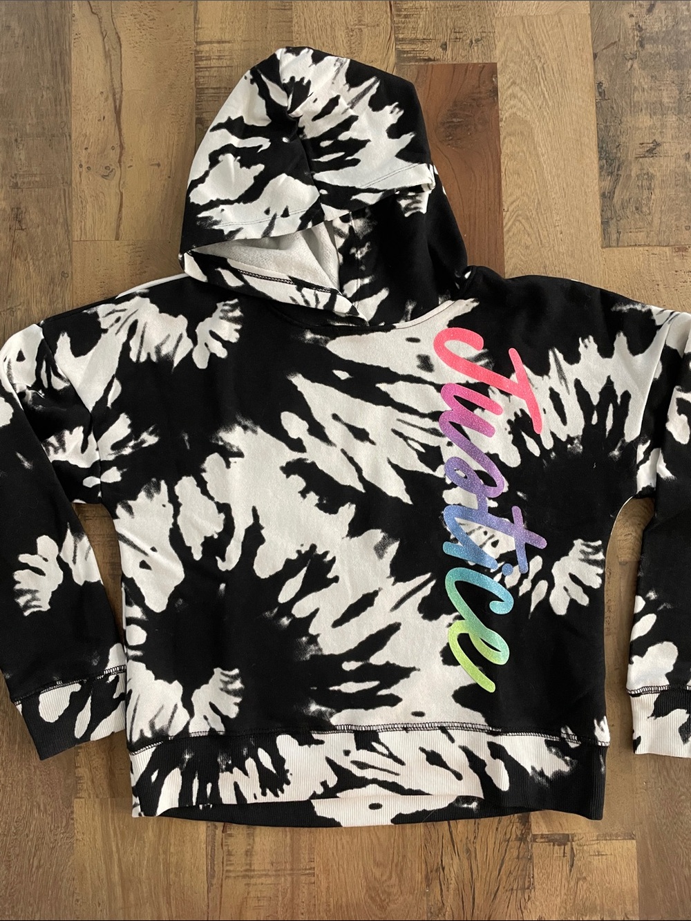 Justice Black & White Tie-Dye Hoodie with Rainbow Script